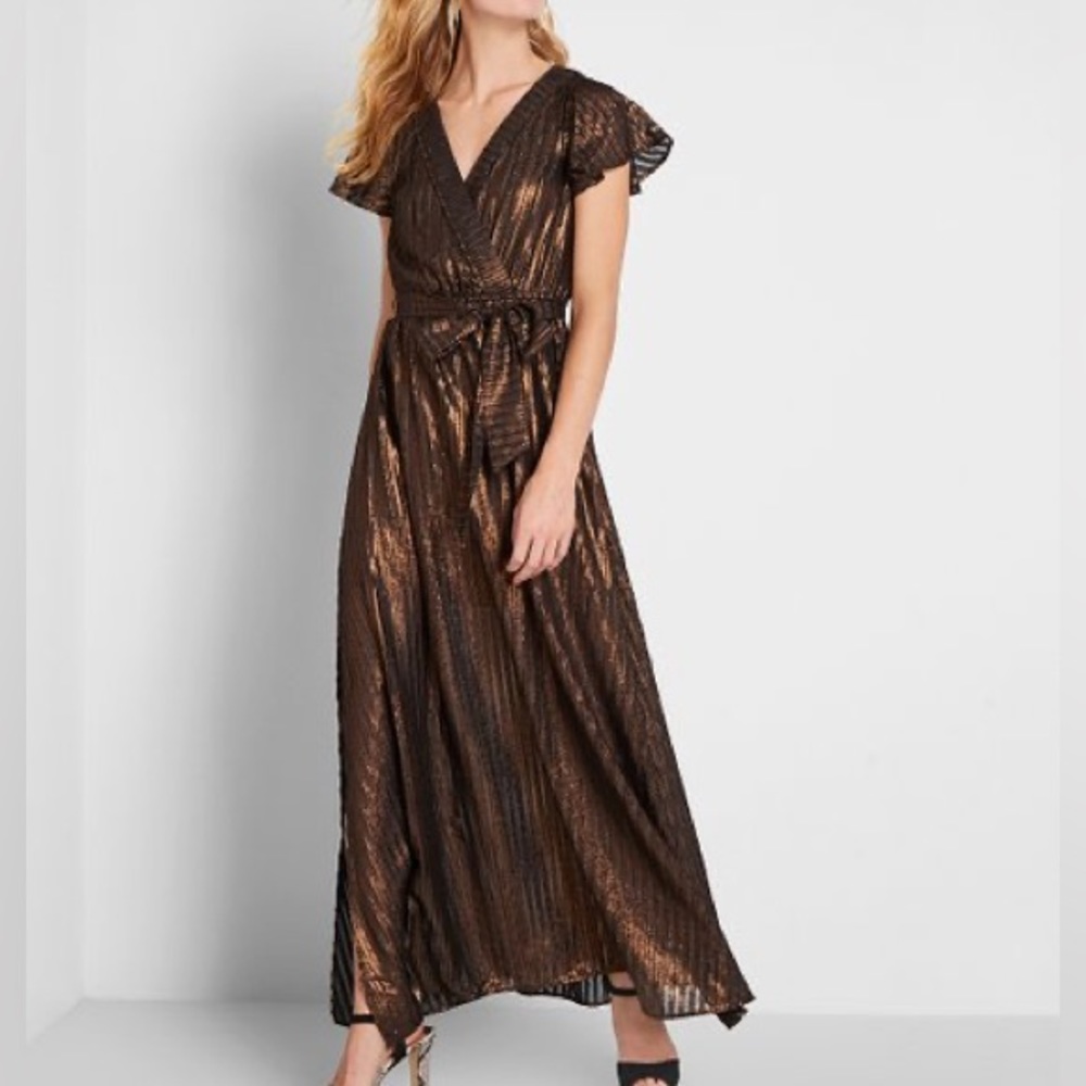 ModCloth Gold Metallic Ribbed Your Time to Shine Surplice wrap Maxi Dress size L